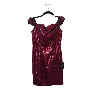 Lulus Womens Mini Dress S Magenta Sequin Off Shoulder Notched Glam Party MF2812